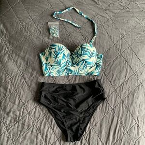 Tropical Leaf Print Bikini Top with Black High-waisted bottoms